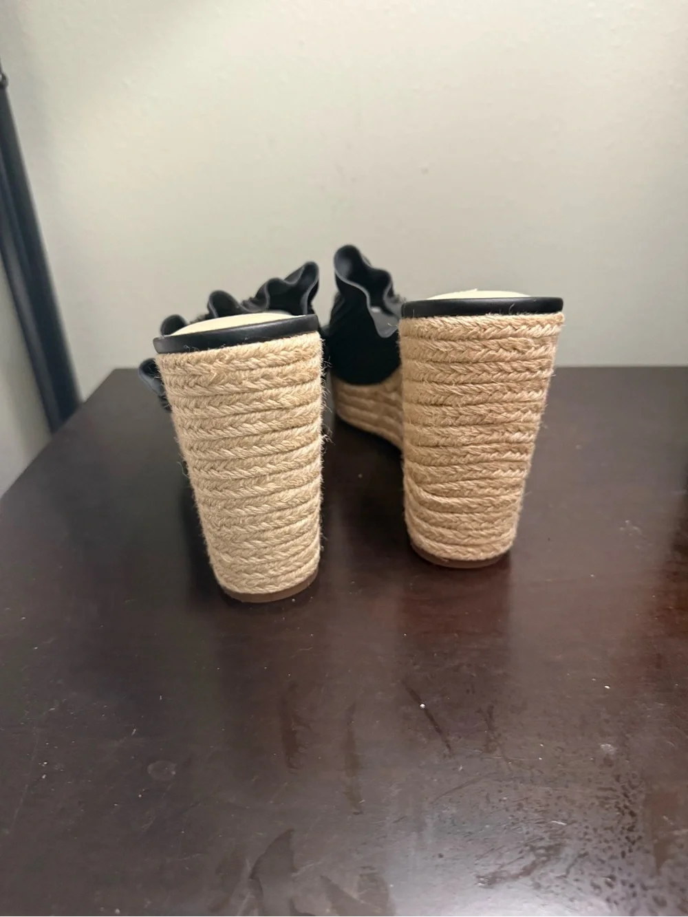 Jessica Simpson Black Ruffled Espadrille Wedge Slides